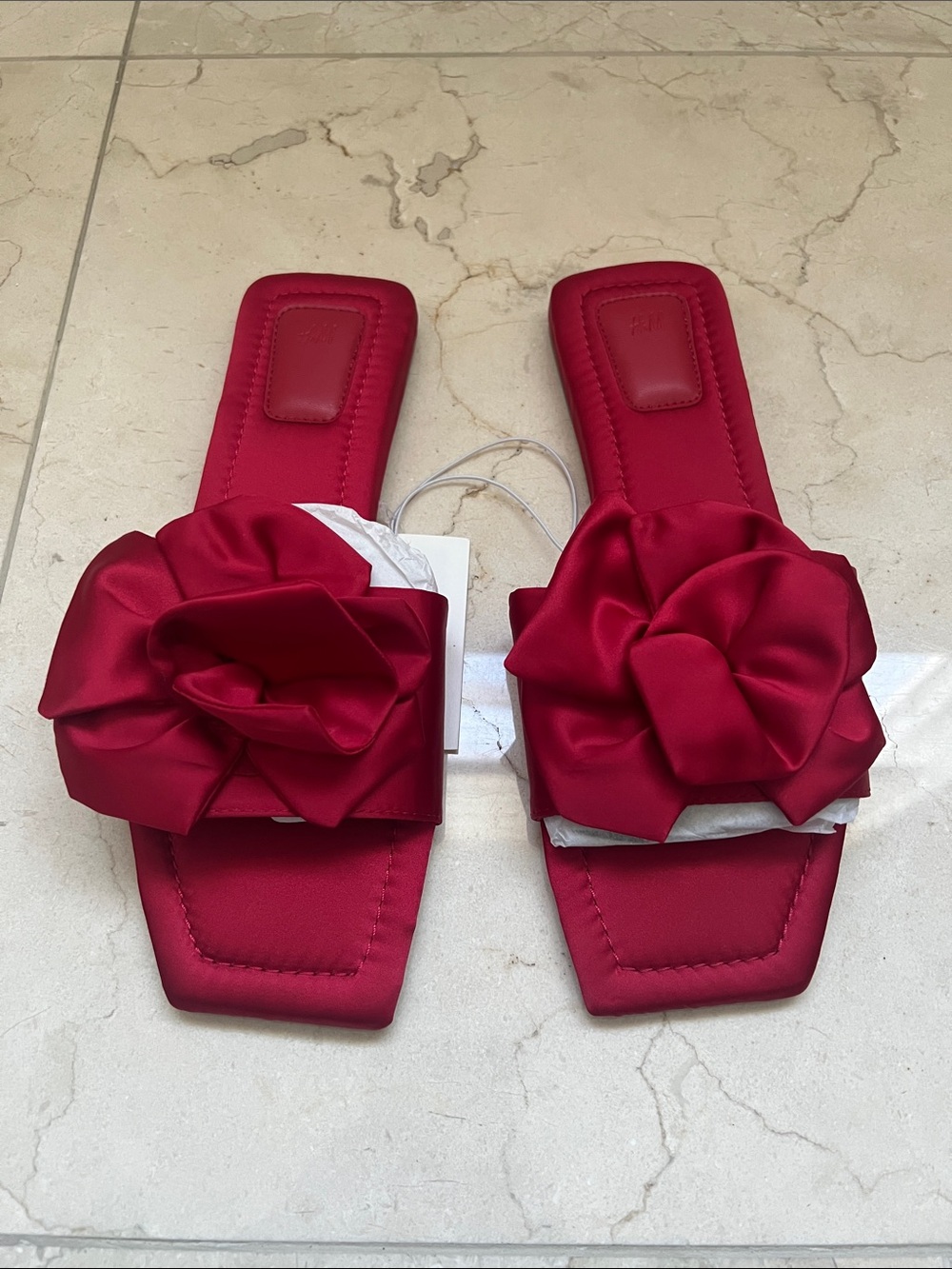 H&M Red Satin Slide Mules with Floral Knot - NWT
